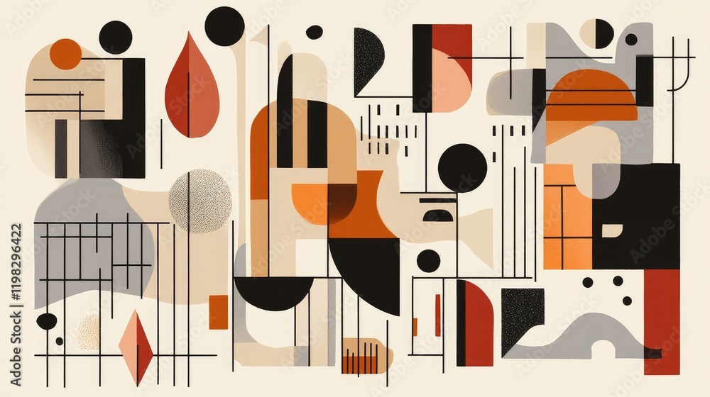 Poster modern abstract layout with structured shapes, thin lines, and a clean neutral background.