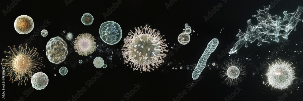 Poster evolving sequence of bacteria showcasing diversity and transformation in microscopic life forms. gen