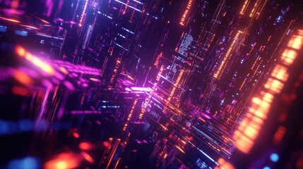 Obraz premium Abstract Digital Cityscape: Neon Lights and Data Streams