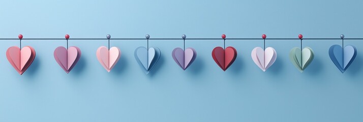 Colorful Handmade Paper Heart Garland Hanging on String Against Blue Background – Festive Valentine's Day, Birthday, wedding, anniversary, or Craft Decoration. party concept banner with copy space.