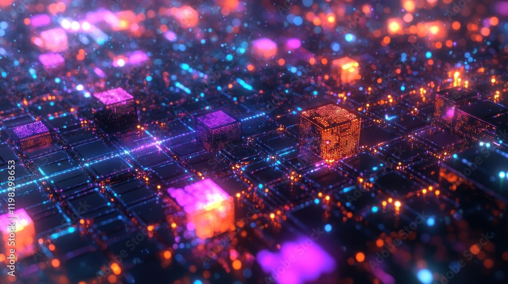 Aufkleber abstract digital network: illuminated cubes and glowing lines
