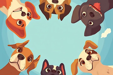 Fototapeta premium A playful circle of cartoon dogs looking up at the viewer against a blue background.