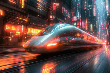Obraz premium High-speed train hurtles through a rain-soaked cyberpunk city at night, neon lights reflecting on its sleek surface.