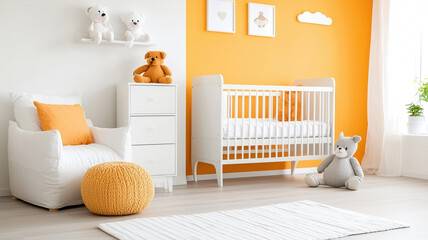 Bright children room with orange walls, white furniture, and plush toys