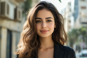Obraz premium Beautiful young woman with long hair smiling in urban setting, portrait photography in natural light