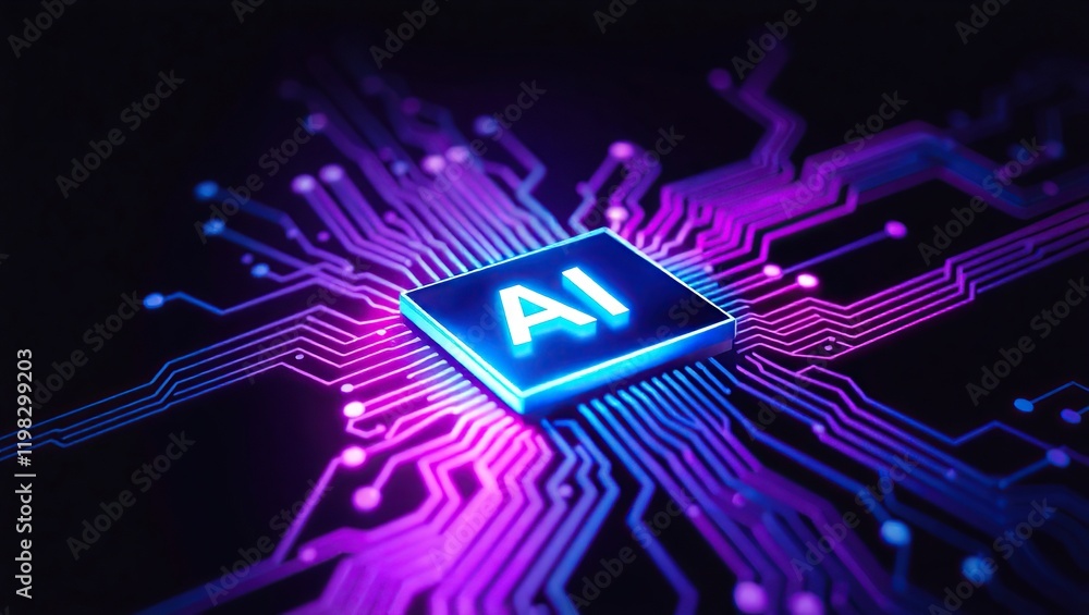 Poster ai processor glowing on circuit board