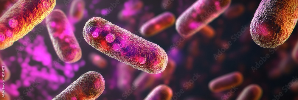 Poster 3d render showcasing colorful microbes in a vibrant scientific environment with a focus on cellular 