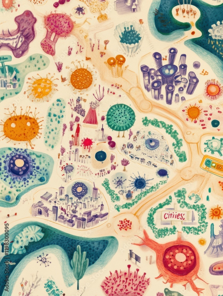 Aufkleber playful map showcasing bacteria colonies as vibrant cities with colorful designs and imaginative fea