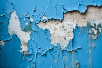 Blue wall with peeling paint and a white wall behind it. The blue wall has a rough texture and the white wall is smooth. Scene is somewhat melancholic and nostalgic, as the peeling paint