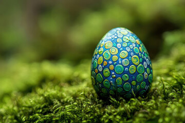 Hand-painted Easter egg with vibrant blue, green, and yellow circular patterns rests on a bed of moss.