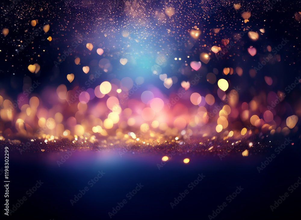 Poster shimmering hearts and bokeh lights float on a dark, glittering background. a magical, romantic ambia