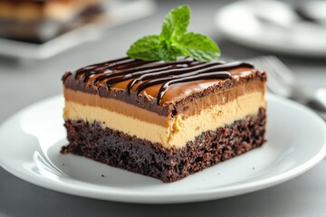 Close up of homemade chocolate brownie with toppings on a white plate against a gray background