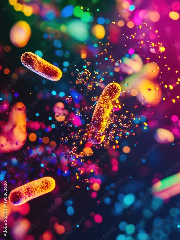 Aufkleber abstract view of colorful bacteria and antibiotics under a microscope showcasing microbial interacti