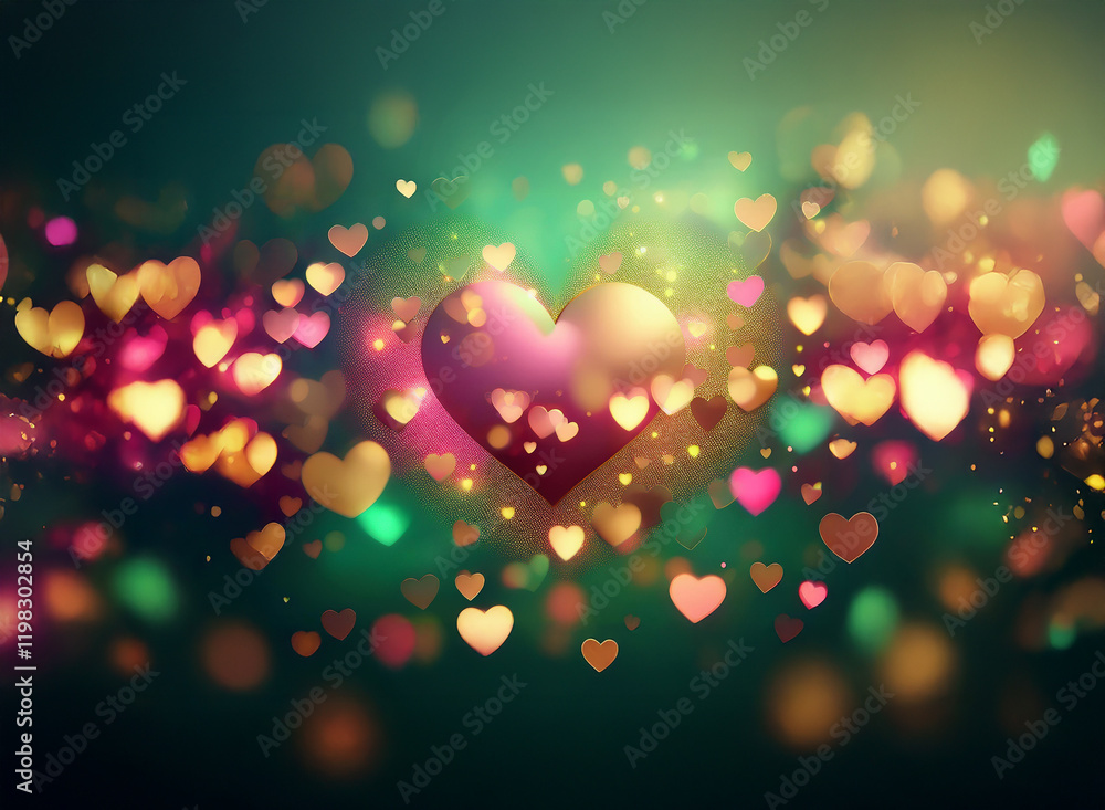 Poster shimmering hearts float on a dark teal background, glowing with multicolored lights and bokeh effect