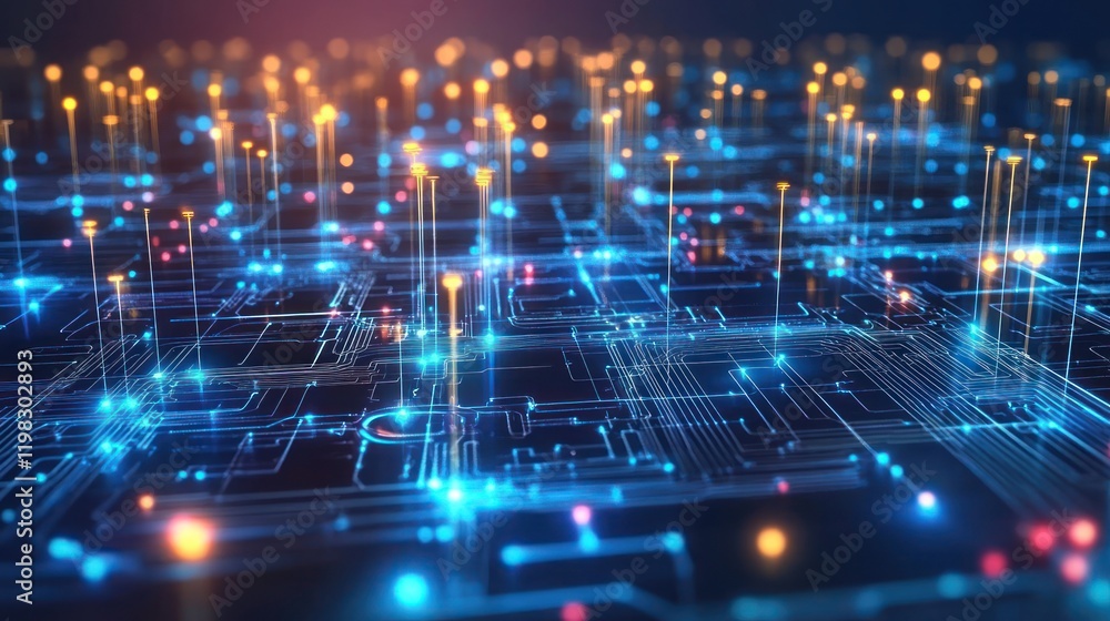 Poster abstract digital network: illuminated circuitry and data flow