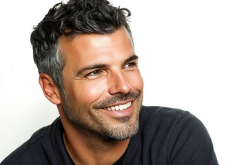 Obraz premium Happy Handsome Mature Man Smiling Portrait Studio Shot Attractive Male Model White Background Stylish Hair Grey Hair 