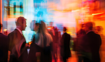 Vibrant Nightlife Networking Scene with Blurred People and Colorful Background