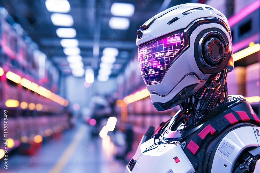 Poster advanced humanoid robot in logistics system managing warehouse operations with futuristic design