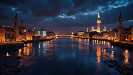 Obraz premium A dark blue river meanders through a vibrant, illuminated cityscape under a brooding, starless sky—storm clouds loom as city lights shimmer along its banks