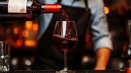 Red wine being poured by a professional bartender.