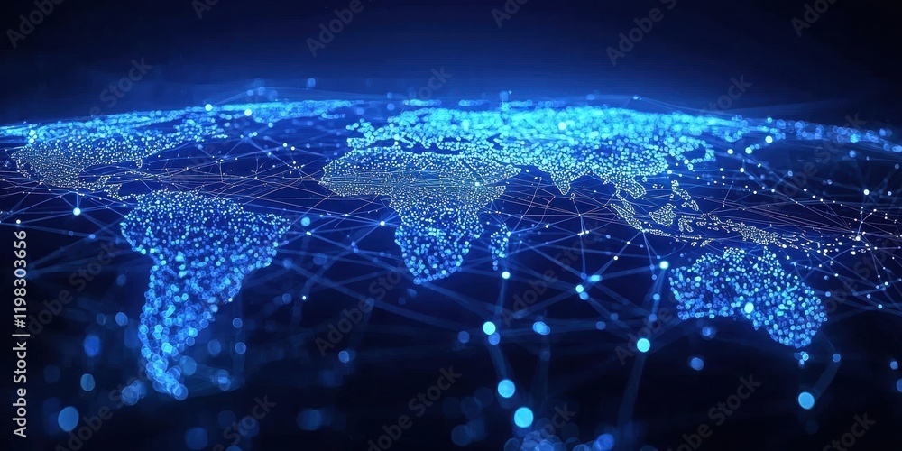 Poster blue abstract world map featuring digital lines and interconnected dots.