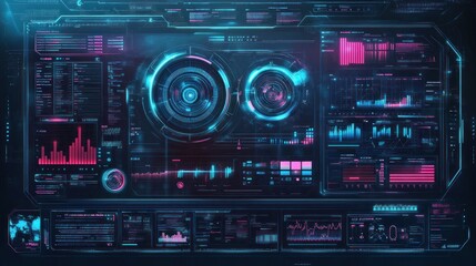Futuristic digital interface with glowing HUD elements, data graphs, and charts.