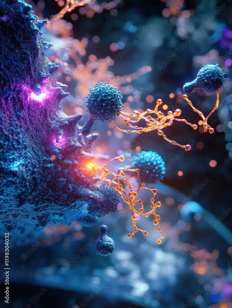 Poster exploring intricate molecular interactions between microbes at a cellular level during advanced rese