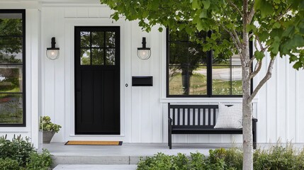 Charming modern farmhouse front porch featuring a sleek black door.