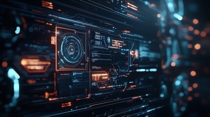 Fototapeta premium Futuristic digital interface with glowing orange and blue HUD elements.