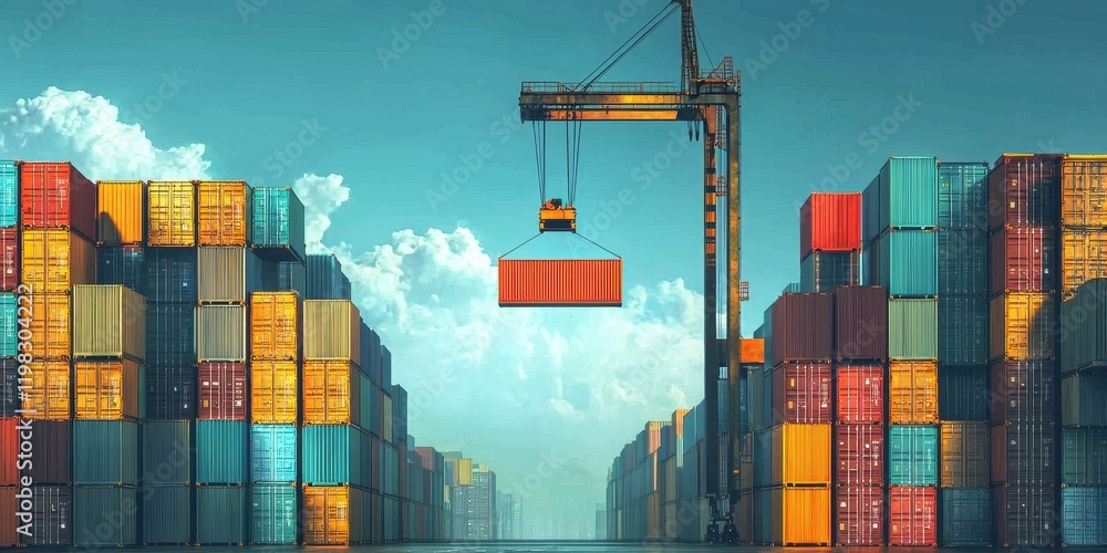 Poster dynamic container yard scene highlighting efficient shipping operations.