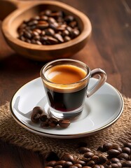 Espresso in a glass cup, with coffee beans.