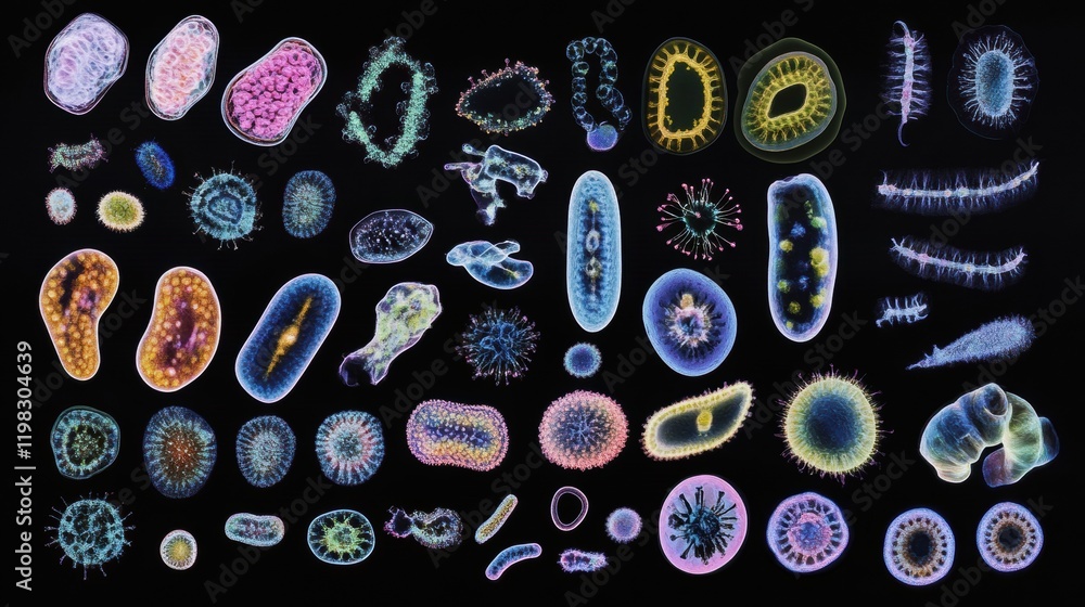 Poster exploration of bacterial evolution through a diverse array of microbial specimens in various shapes 