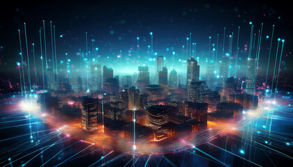 Obraz premium A vibrant digital cityscape illuminated by neon lights, showcasing a futuristic skyline with abstract data streams and a glowing atmosphere.