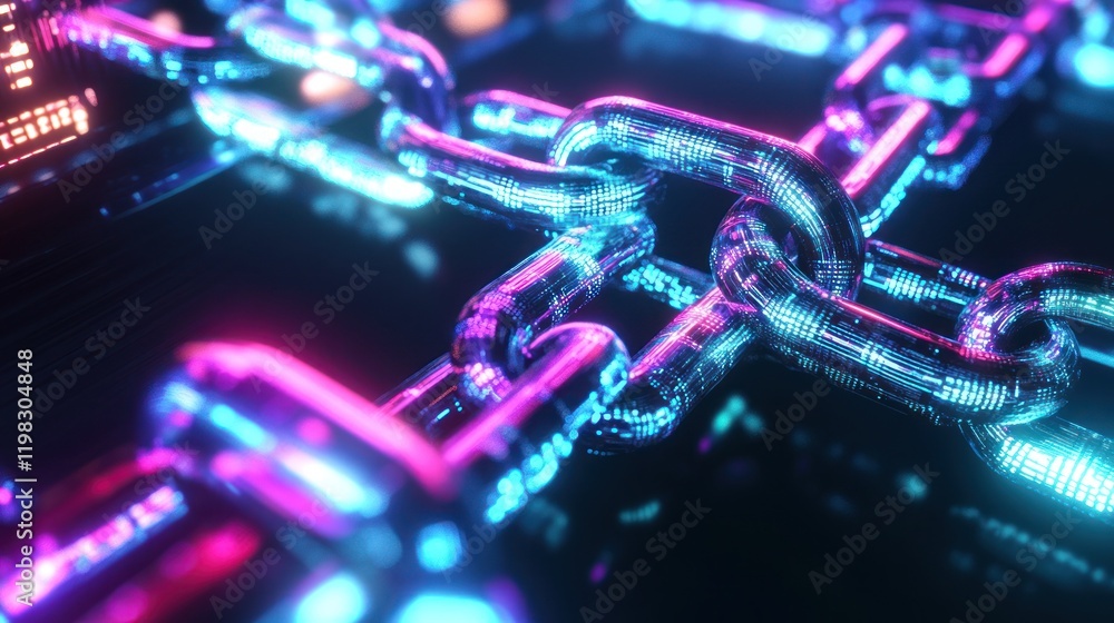 Poster cybersecurity: abstract glowing chain links representing data security and network protection