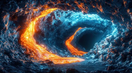 Inferno and Glacial Cave: A Surreal Contrast of Fire and Ice