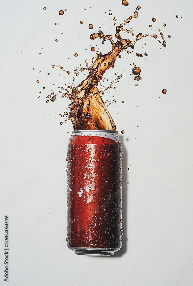 Poster a refreshing burst of cola with splashes against a clean white background showcasing the dynamic mot