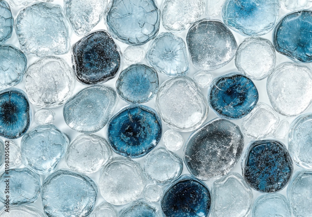 Poster a close-up view of colorful transparent glass stones and pebbles in various sizes at various angles 