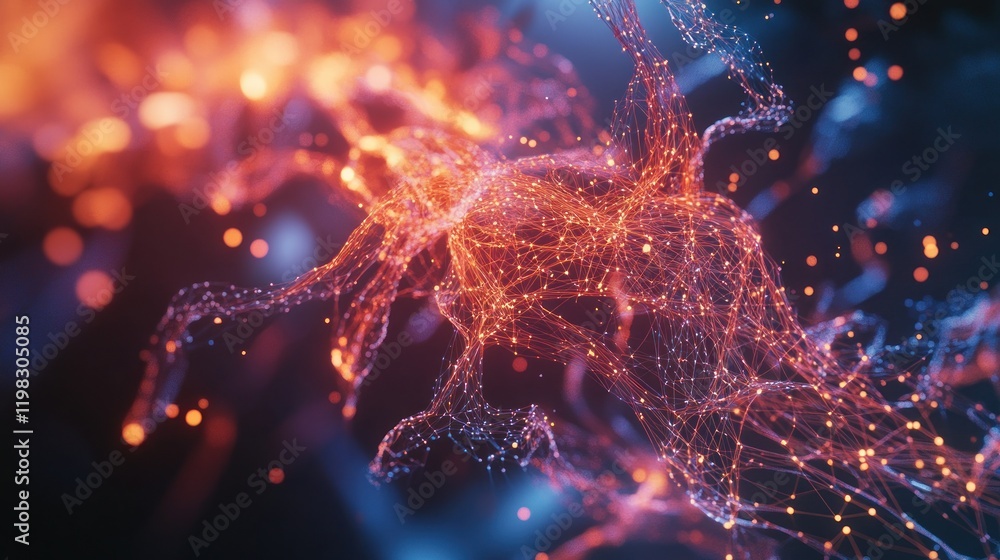 Poster abstract network visualization: interconnected nodes and glowing streams of data