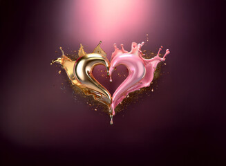 A golden and pink liquid heart splashes against a dark purple background, creating a vibrant and romantic image.  The liquid forms a heart shape with dynamic, flowing movement.