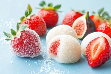 Closeup of tasty mochi strawberries and figs on a soft blue backdrop