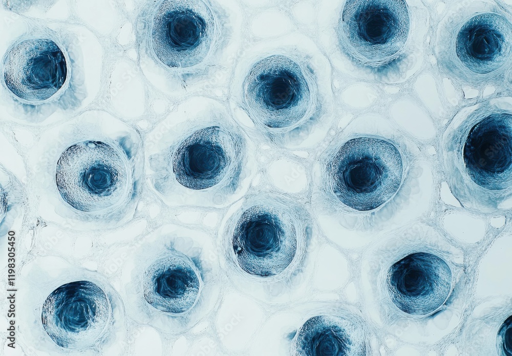 Poster abstract close-up of textured cells with blue tones, showcasing intricate patterns, circular shapes,