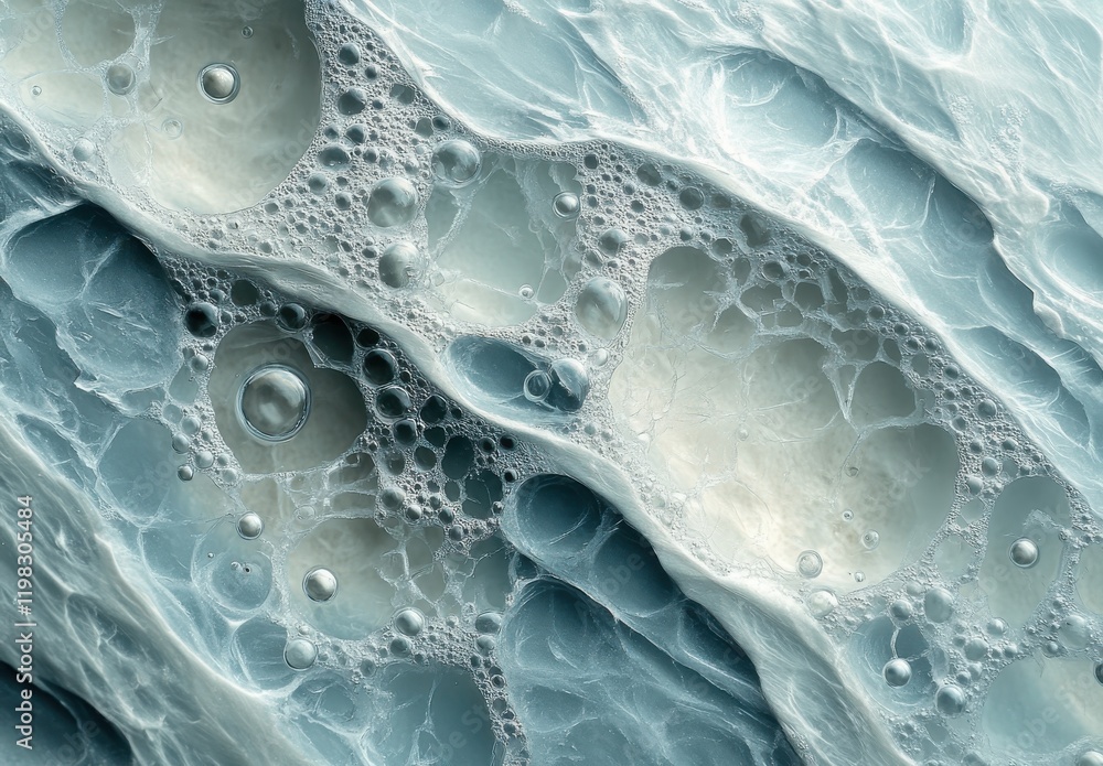Poster abstract close-up of textured liquid surface with bubbles and foam, showcasing intricate patterns an