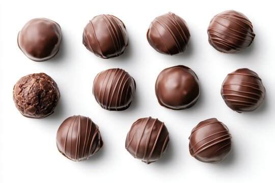 Cocoa covered chocolate truffles on a white background viewed from above