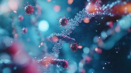 Close up view of a molecular RNA chain surrounded by viruses representing cellular interaction and genetic material. Generative AI