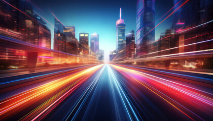 A vibrant, dynamic cityscape with streaks of light, depicting movement and speed through skyscrapers against a twilight sky.