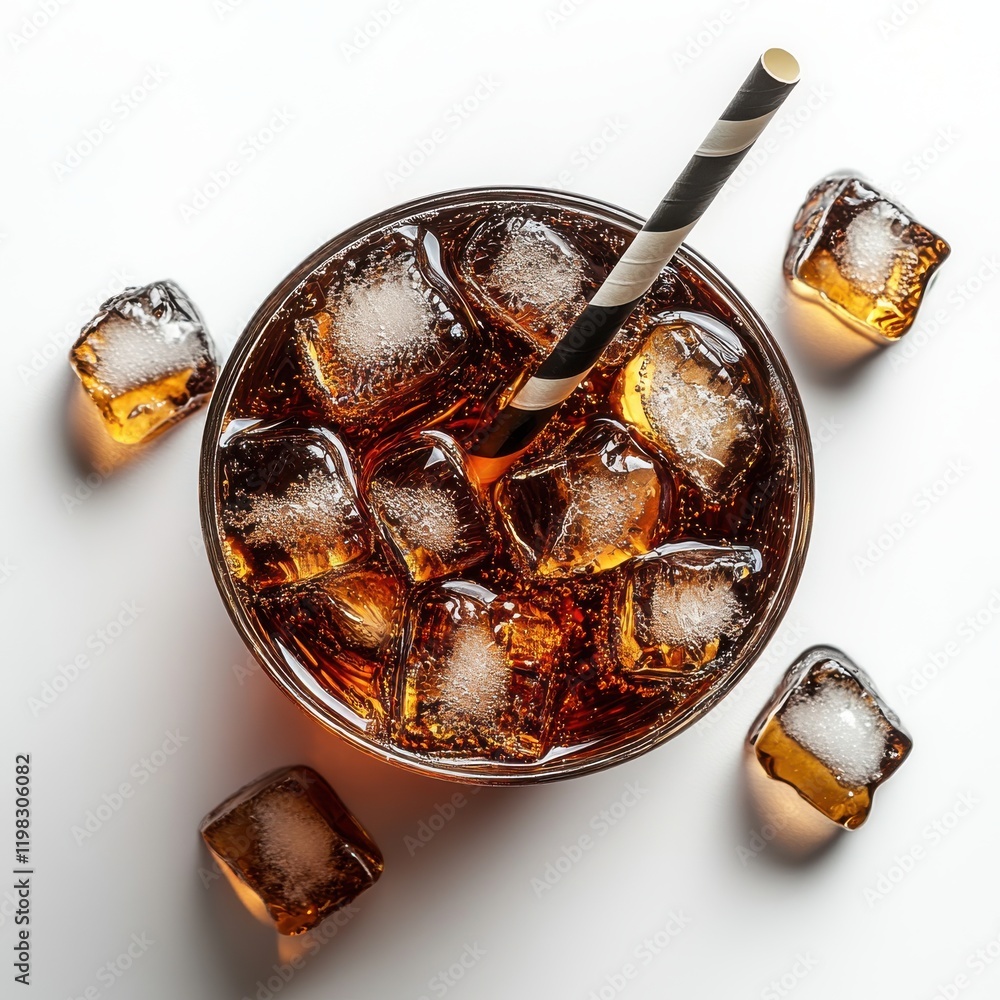 Poster captivating top-down view of a refreshing dark beverage with ice cubes and a striped straw in a glas