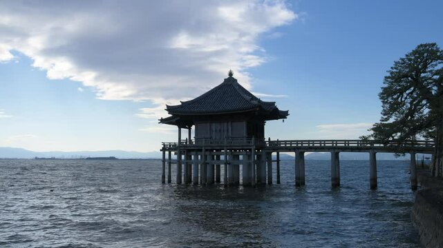 Morning view of of Ukimido shrine from lake Biwa, Japan