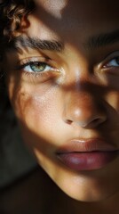 Close-up of a Person's Face With Striking Green Eyes and Captivating Shadow Patterns in Sunlight. Generative AI