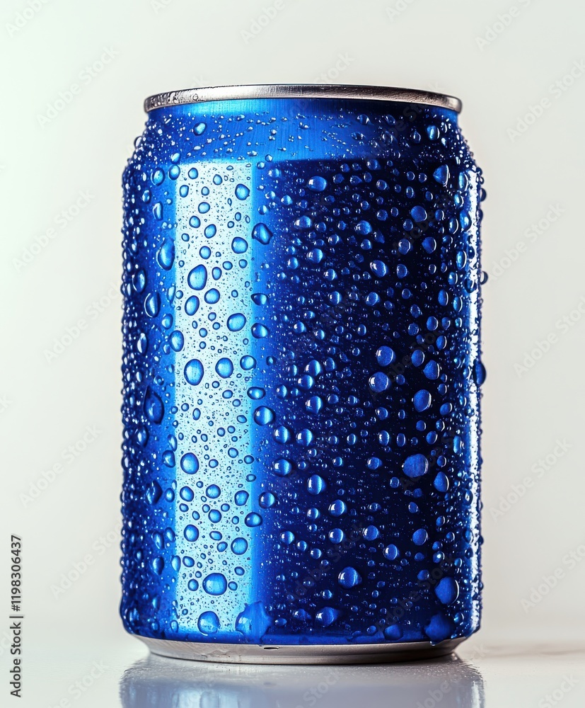 Poster close-up of a refreshing blue soda can with water droplets displaying a glossy finish and cool vibes