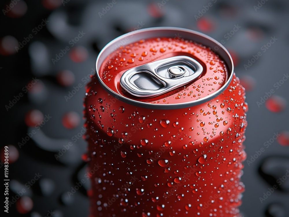 Poster close-up view of a cold, refreshing red beverage can with moisture droplets on the surface, set agai
